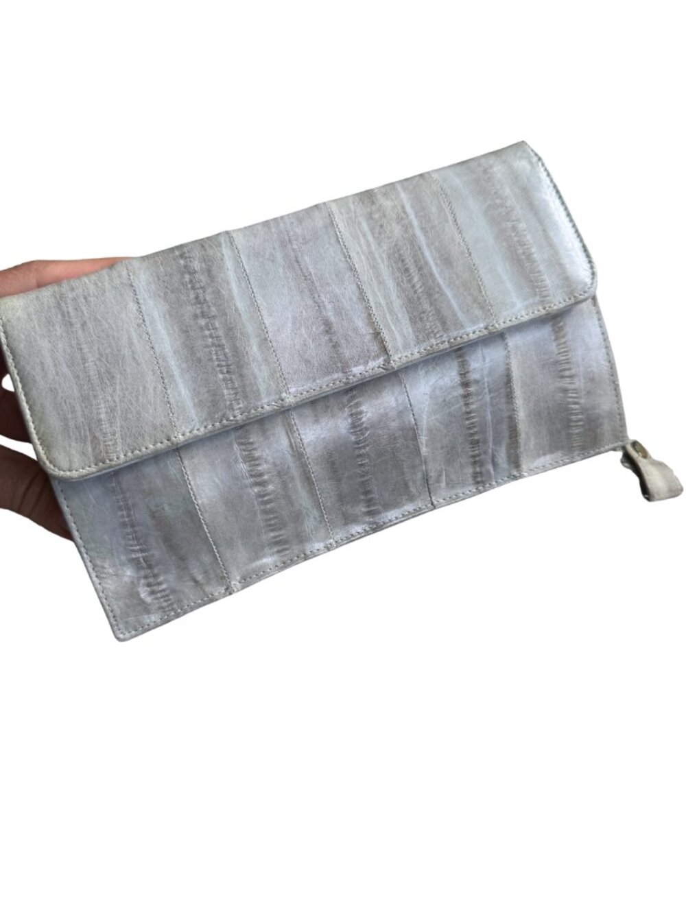 Lee Sands Genuine Eel Skin Zip Around Wallet Organizer Gray Silver NWOT With Str